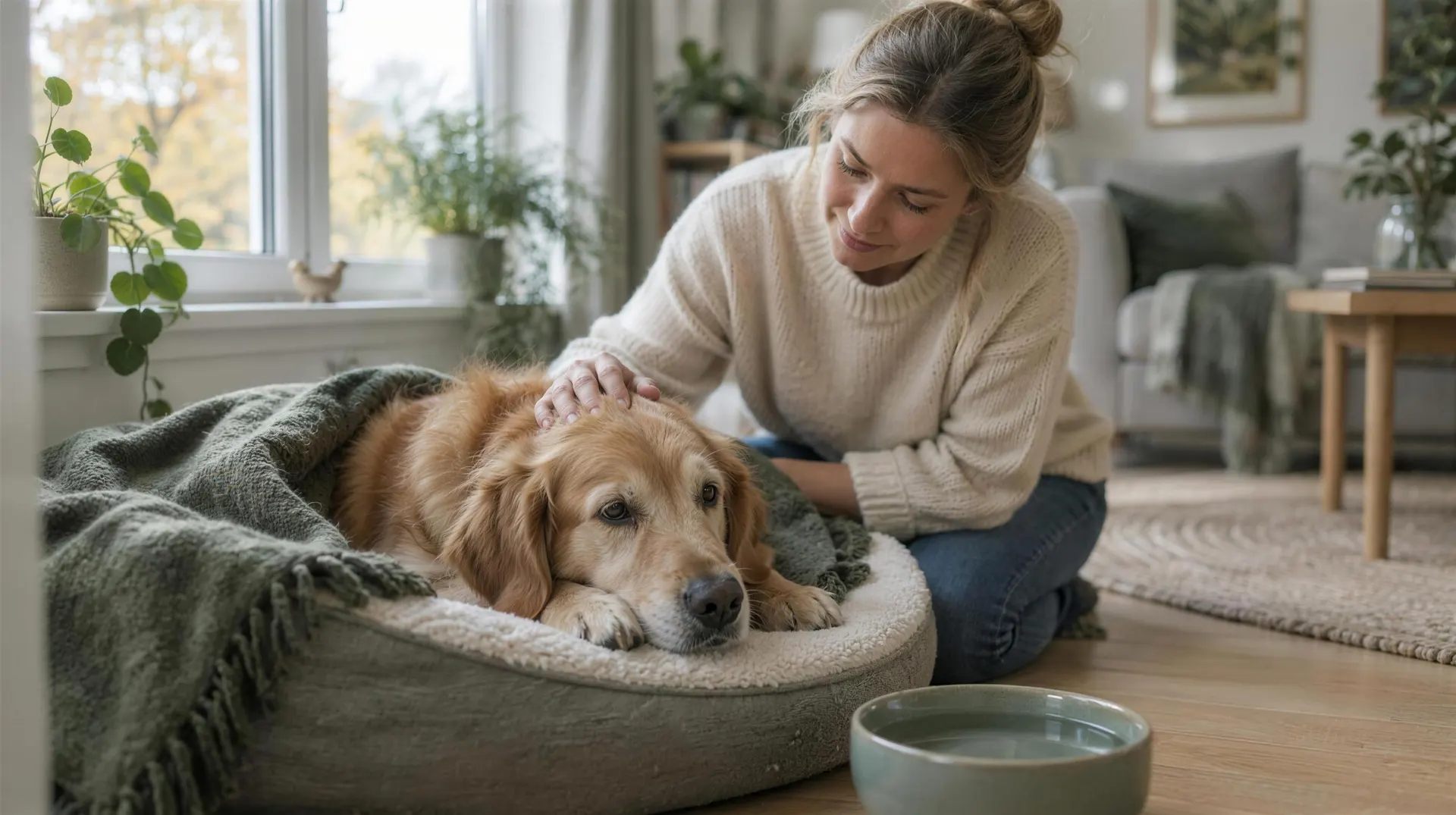 En kvinna klappar sin hund som vilar i en hundbädd