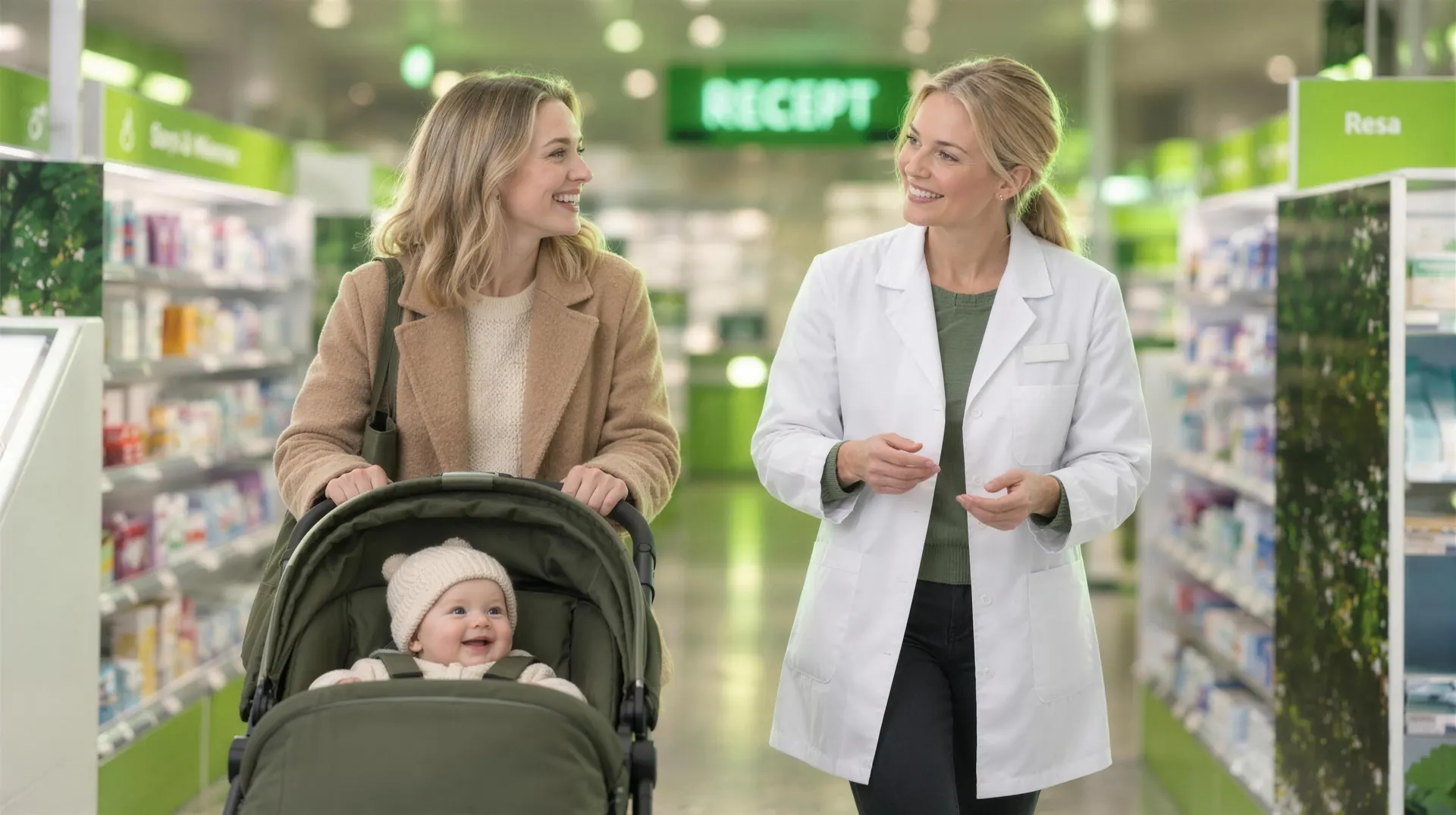 En mamma med barnvagn går genom apoteket och pratar med en farmaceut