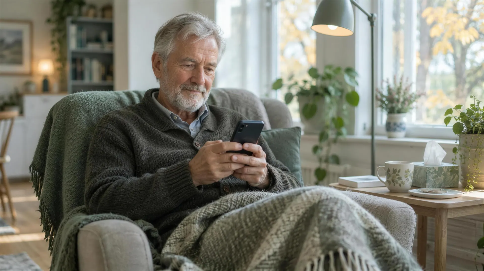 En äldre man sitter i en fåtölj under en filt och tittar i mobilen